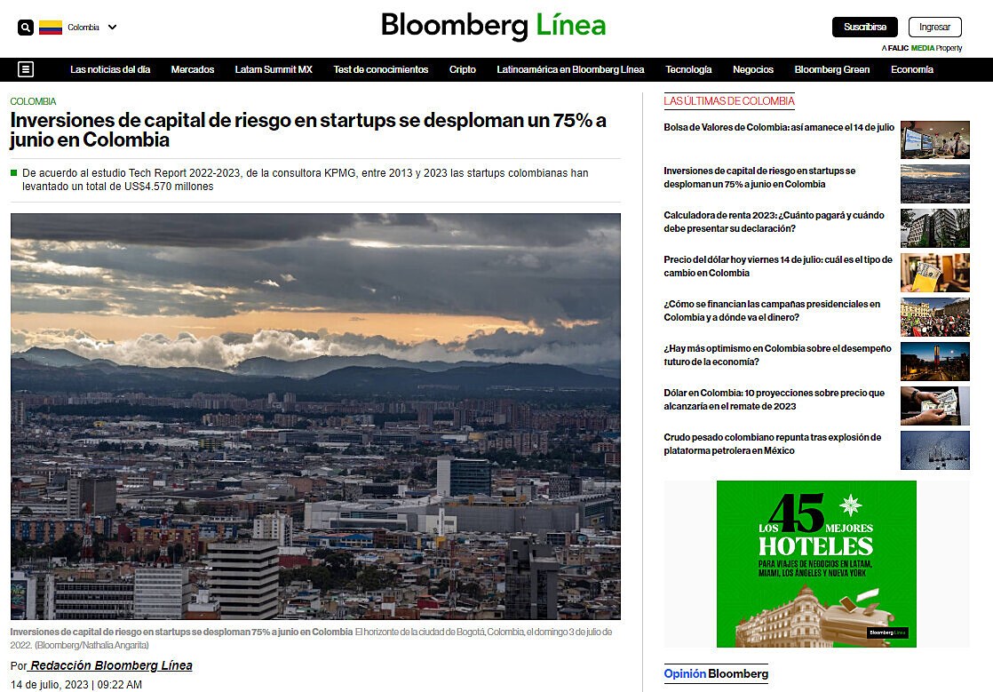 Inversiones de capital de riesgo en startups se desploman un 75% a junio en Colombia